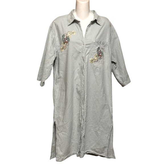 H & J Embroidered Size M Blue Button Up Shirt Dress Appliqués Studs Rhinestones - Picture 1 of 8